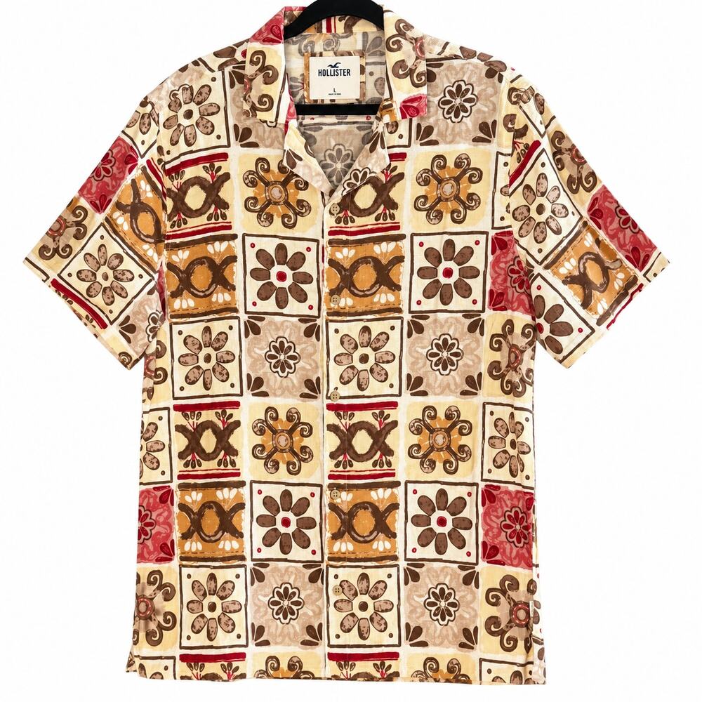Hollister Menβs Hawaiian Shirt L Short Sleeve Button Up Floral Geometric Boho